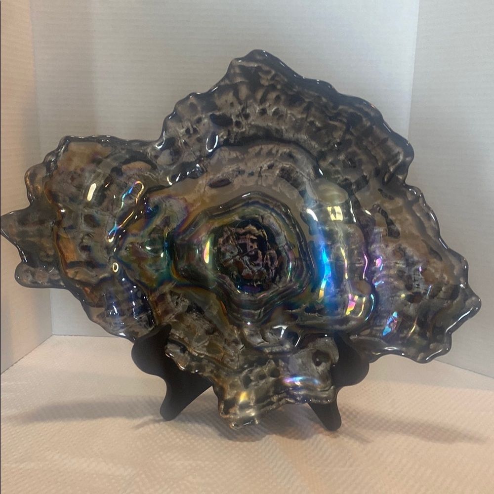 VTG Pier 1 Arda Handcrafted Turkish Art Glass Iridescent Oyster Shell Bowl 18"